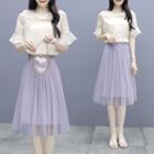 Set: Elbow-sleeve Chiffon Top + Mesh Overlay Skirt