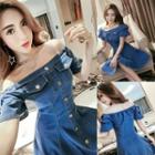 Pocketed Off Shoulder Short Sleeve Denim Dress