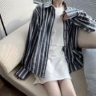 Set: Long-sleeve Striped Shirt + Sleeveless Tiered A-line Mini Dress