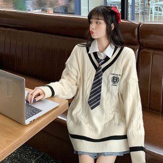 Contrast-trim V-neck Sweater / Long-sleeve Shirt / Tie / Set