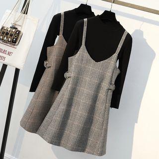 Set: Mock Neck Knit Top + Plaid Jumper Dress