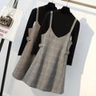 Set: Mock Neck Knit Top + Plaid Jumper Dress