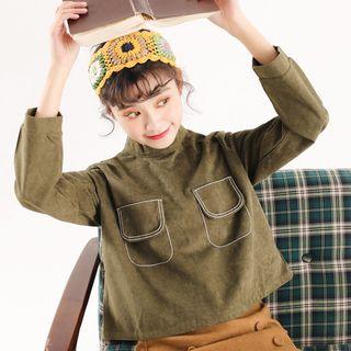 Embroidered Long-sleeve Faux Suede Top