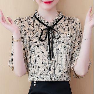 Tie-neck Printed Ruffle Chiffon Blouse