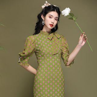 Elbow-sleeve Tie-neck Midi Sheath Dress