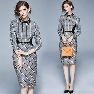Flora Embroidered Collar Long-sleeve Argyle Print Sheath Dress