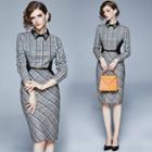 Flora Embroidered Collar Long-sleeve Argyle Print Sheath Dress