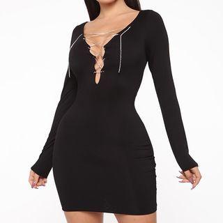 Rhinestone Lace-up Long-sleeve Mini Sheath Dress