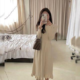 Long-sleeve Plain Ruffle Trim Knit Dress