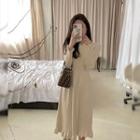 Long-sleeve Plain Ruffle Trim Knit Dress