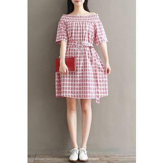 Check Off-shoulder Short-sleeve A-line Dress