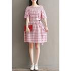 Check Off-shoulder Short-sleeve A-line Dress