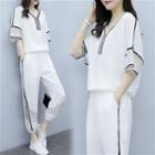 Set: 3/4-sleeve Striped Trim Mesh Paneled Top + Cropped Harem Pants