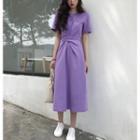 Plain Short-sleeve Slim-fit Dress Purple - One Size