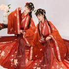 Chinese Hanfu Set Of 3: Print Long-sleeve Long Coat + Print Long-sleeve Top + Print Semi-body Maxi Dress