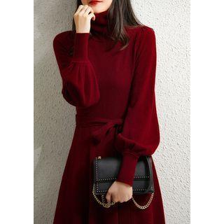 Lantern-sleeve Turtleneck Midi A-line Sweater Dress