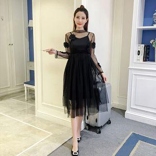 Set: Floral Applique Mesh Midi Dress + Slipdress