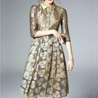 Elbow-sleeve Sequined Lace Panel A-line Dress