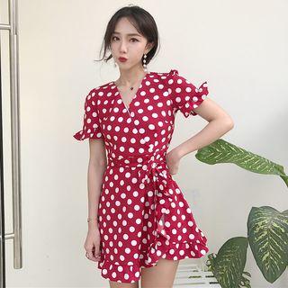 Short-sleeve Polka Dot Mini Wrap Dress