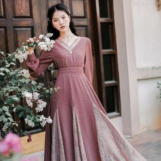 Long-sleeve Lace Panel Plaid Midi A-line Dress