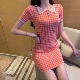 Checked Knit Polo Dress Pink - One Size