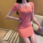 Checked Knit Polo Dress Pink - One Size