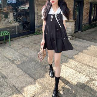Short-sleeve Tie-neck Blouse / Embossed Bow Strappy Dress