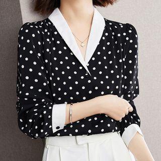 Long-sleeve V-neck Polka Dot Blouse