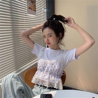 Lettering Short-sleeve T-shirt / Flower Print Lace Trim Camisole