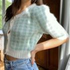 Elbow-sleeve Gingham Cardigan Gingham - Green & White - One Size