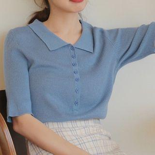 Half-button Short-sleeve Ribbed Knit Top