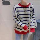 Long-sleeve Round-neck Color-block Striped Knit Top