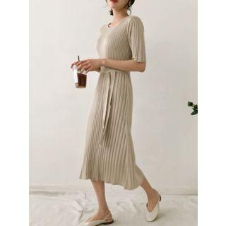 Ribbed Midi Knit Dress With Sash