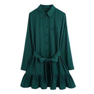 Tie-waist Frill Trim Mini A-line Shirtdress