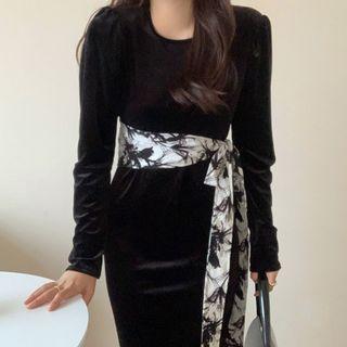 Long-sleeve Velvet Sheath Dress Black - One Size