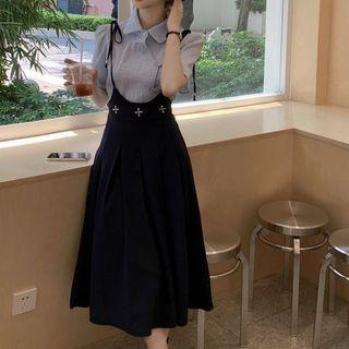 Short-sleeve Collar Twist Button Shirt / Spaghetti-strap Plain Pleated Midi Dress