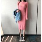 Long-sleeve Midi Sheath Dress / Washed Cropped Denim Jacket