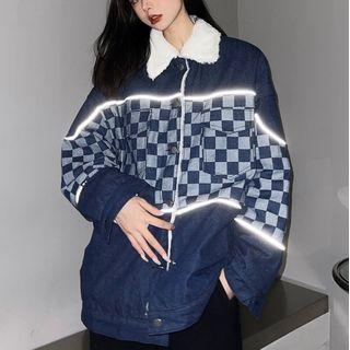 Collared Checker Print Denim Jacket