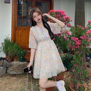 Elbow-sleeve V-neck Floral Mini A-line Dress Yellow Floral - Blue - One Size