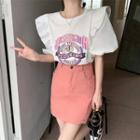 Puff-sleeve Print T-shirt / Mini A-line Skirt