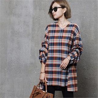Ruched Sleeve Plaid Blouse Orange - One Size