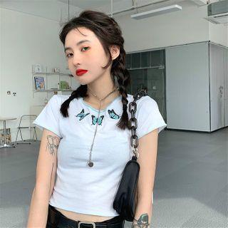 Butterfly Embroidered Short-sleeve Slim-fit T-shirt White - One Size