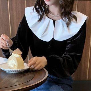 Long-sleeve Contrast Collar Velvet Top Black - One Size