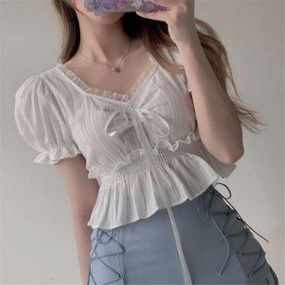 Puff-sleeve Mesh Ruffle Blouse