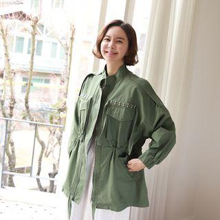 Drop-shoulder Studded Safari Jacket Khaki - One Size