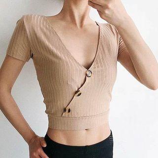 Single-breasted V-neck Short-sleeve Crop Top