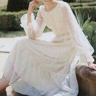 Lantern-sleeve Maxi Mesh Dress