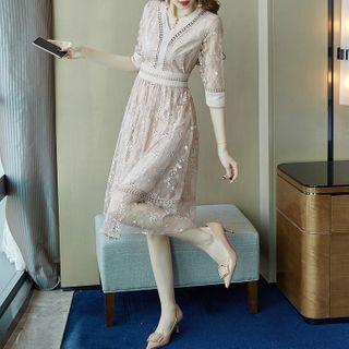Elbow-sleeve Lace V-neck A-line Midi Dress