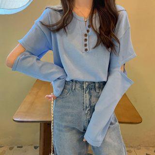Long-sleeve Cut-out Henley T-shirt