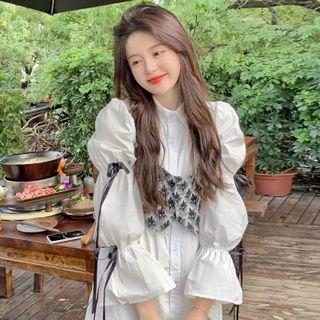 Long-sleeve Asymmetrical A-line Shirt Dress / Floral Vest